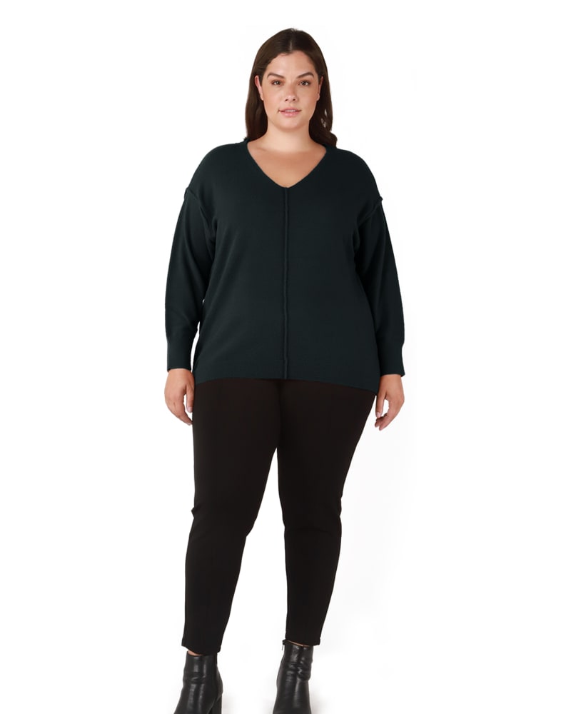 Front of a model wearing a size 0X Fiona V-Neck Sweater in Forest Green by DEX PLUS. | dia_product_style_image_id:246253
